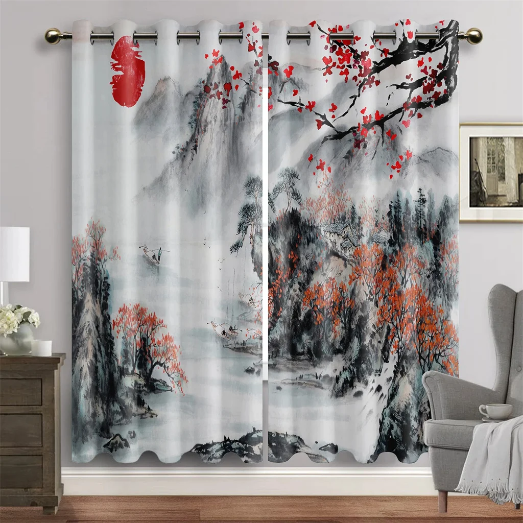 Chinese Traditional Ink Paint Landscape Window Curtain Blinds For Living Room Kids Bedroom Bathroom Kicthen Door Home Decor2Pcs