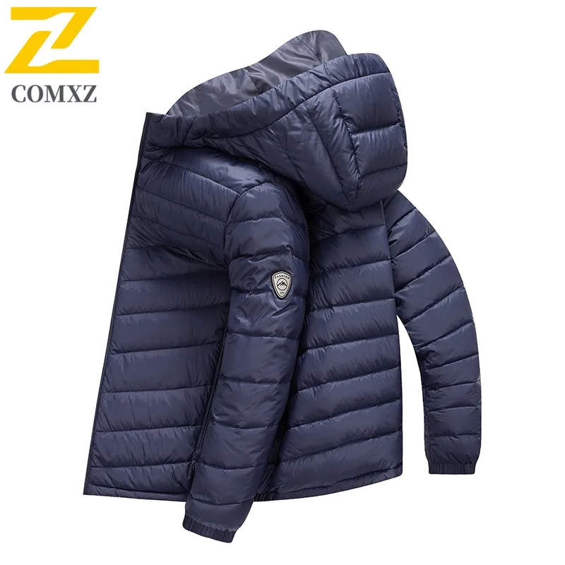 COMXZ 2025 Mens Winter Hooded Puffer Jacket Casual Outdoor Sport Waterproof Windproof Lightweight solid color Warm Windbreaker