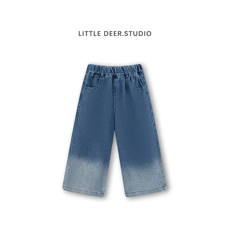 Girls Pants Girls Jeans 2024 Spring New Childrens Clothing Foreign Style Gradual Change Simple Casual Denim Wide-leg Pants