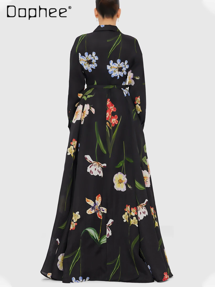 Mode Temperament einreiher Hemd Kleid für Frauen Schlank Spitze-up Große Pendel Langes Kleid High-end-schwarz Gedruckt Kleider