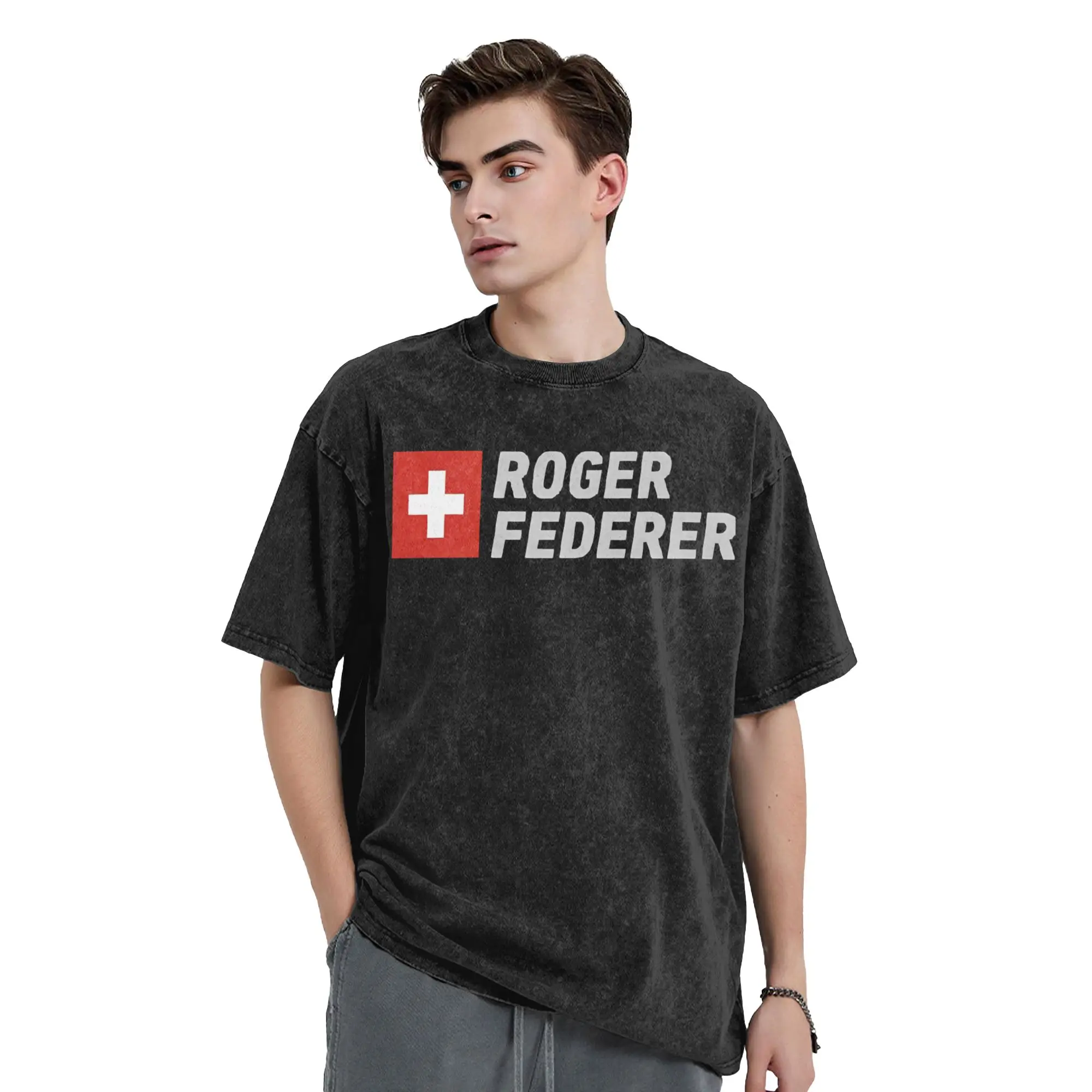 Men's T Shirt Team Roger Federer Logo Washed T Shirts Harajuku  Summer Tees Vintage Simple Casual Clothing Plus Size 2XL