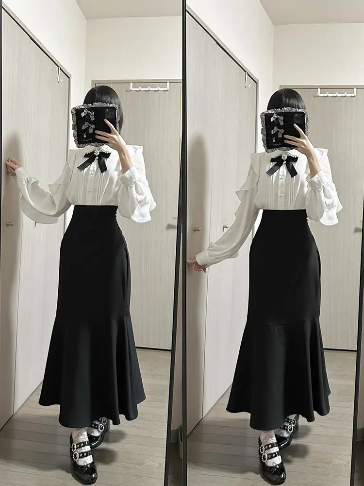 NONSAR Y2k Aesthetic Lolita Skirt Sets Women Japanese Cute Pearl Collar Lace Flying Sleeve Shirt High Waist Slim Fishtail Skirt