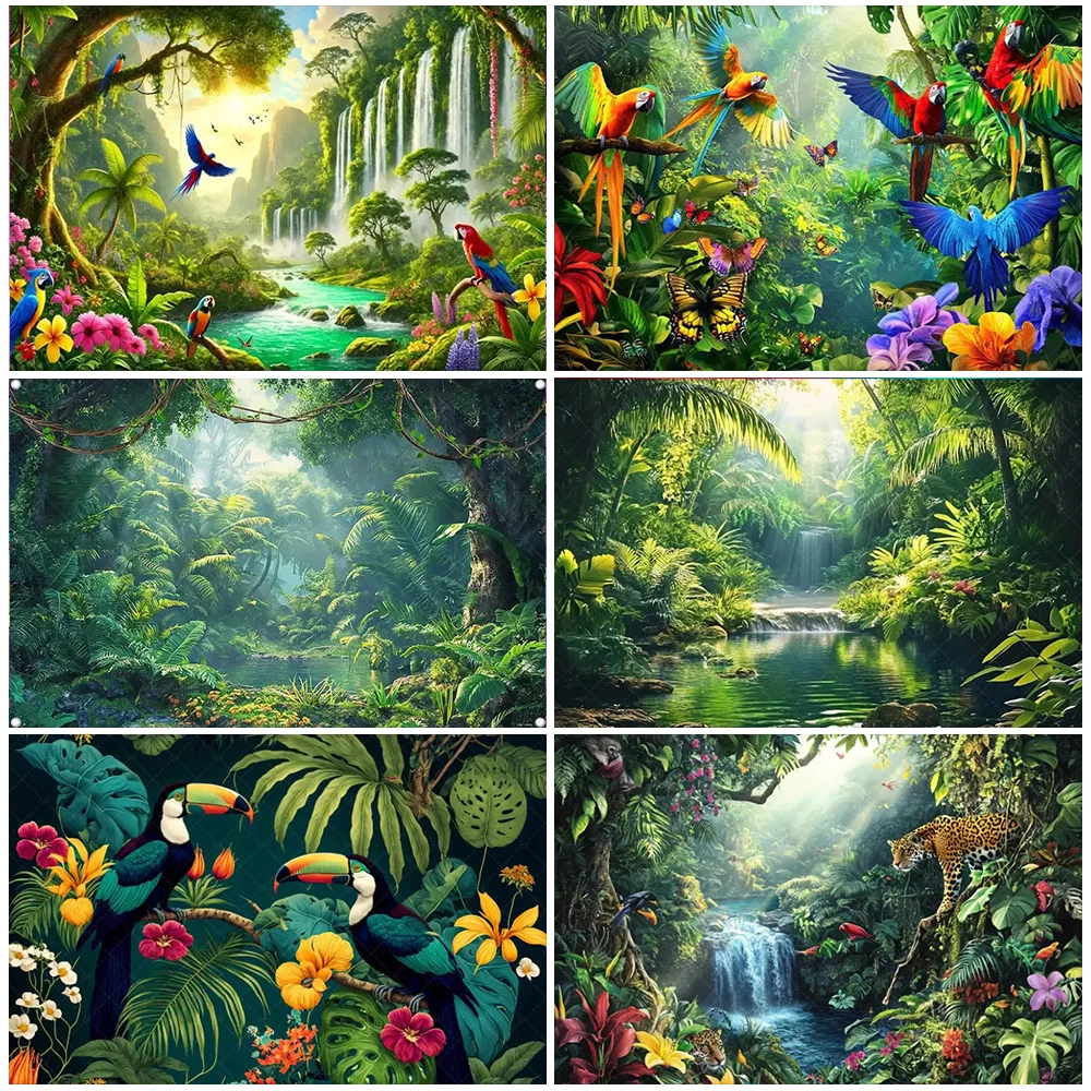 

Tropical Jungle Wild Animal Backdrop Natural Green Forest Wall Hanging Tapestry Palm Trees Soaring Birds photography background