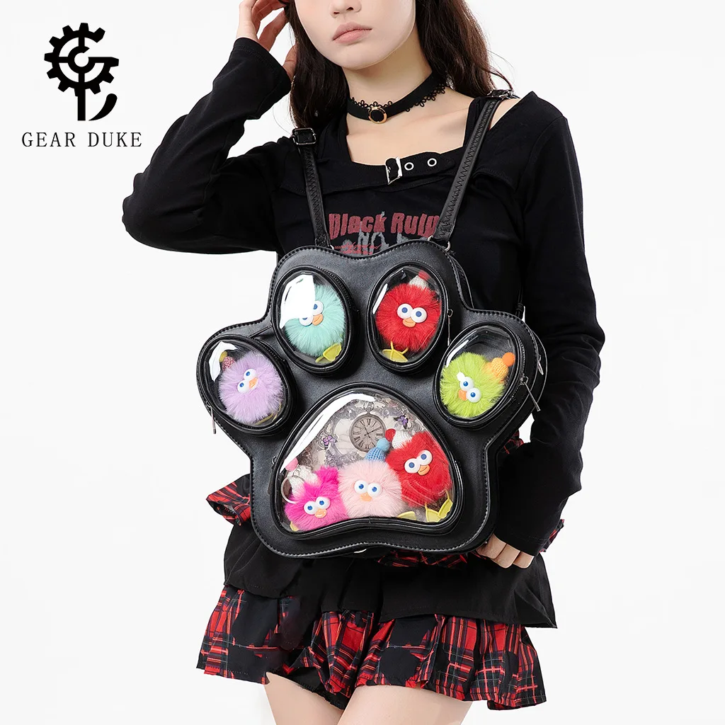 Cat Paw Shape Ita Bag for Women PU Leather Large Capacity Transparent Pocket Backpack Daily Casual