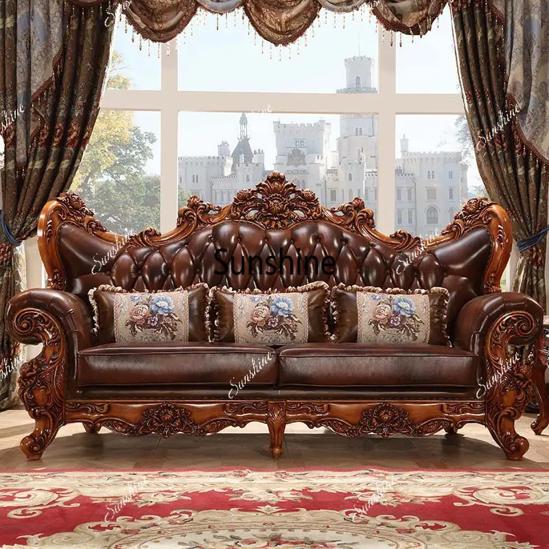 

American leather sofa, all solid wood villa large apartment 123 concubine seat