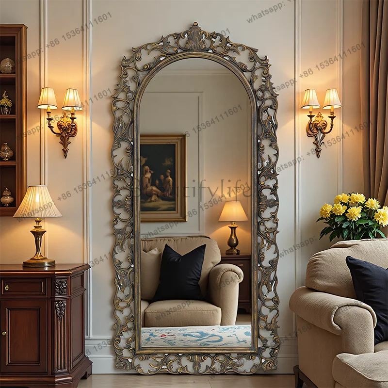 French classical brown floor-to-ceiling full-body mirror retro high-value full-length mirror