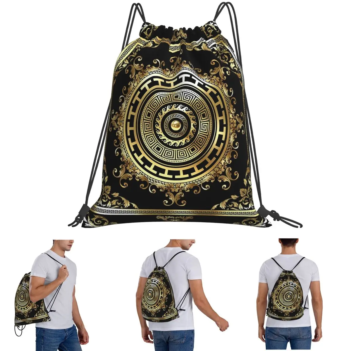 Greek Keys Black Gold Medallion Meander Baroque Backpacks Portable Drawstring Bags Shoes Bag Book Bags for Man Woman School