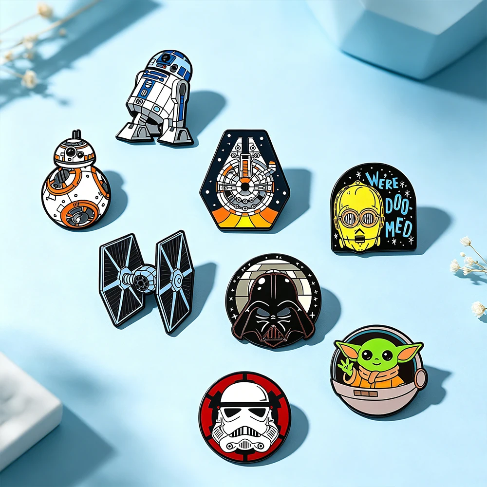 8pcs Star Wars Enamel Brooch Set R2-D2 BB-8 TIE Fighter Darth Vader Millennium Falcon Stormtrooper Grogu Clothing Jewelry