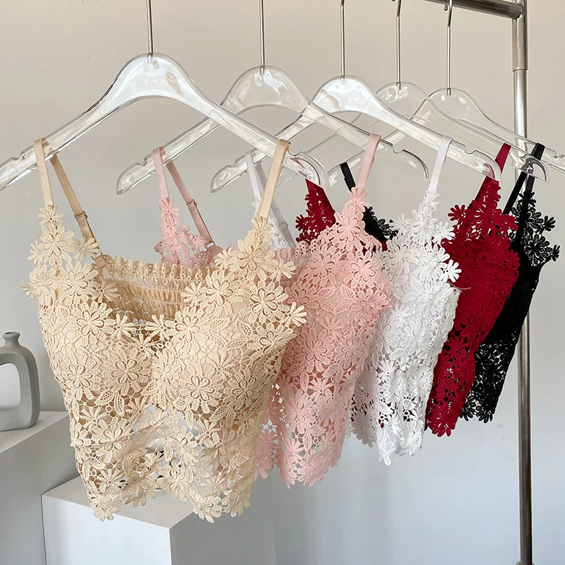 Sexy Lace Camisole Crop Tops Women Tube Top White Flower Embroidery Brassiere Wire Free Female Fashion Lingerie Bras Vest Pink