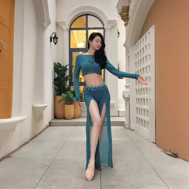 ที่กําหนดเองเครื่องแต่งกายBellydanceหรูหราลึกV-ตาข่ายเจาะร้อนแยกอุตสาหกรรมหนักกางเกงOriental Dance Performance Dress