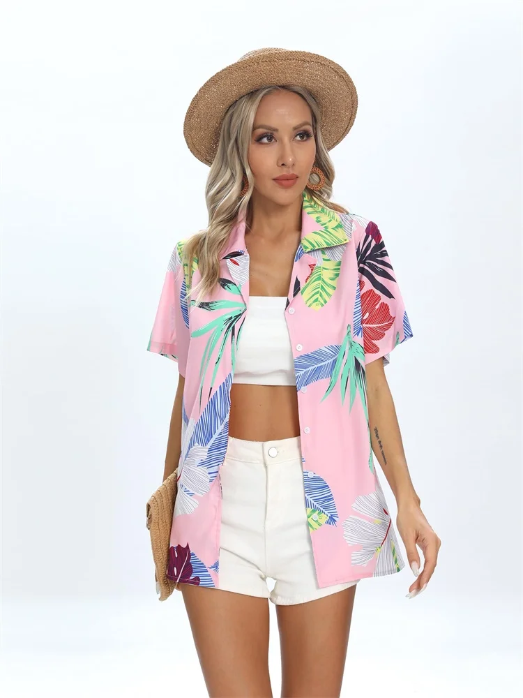 Лето 202, женские рубашки с короткими рукавами и принтами зеленых листьев, модные и повседневные летние каникулы