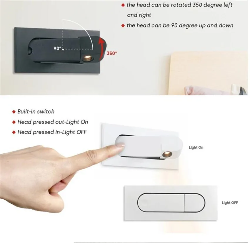 LED Wall Lamp, 350 Degree Rotation, Adjustable Angle, Bedroom Bedside Reading Light, Recessed, Foldable Home Decor S