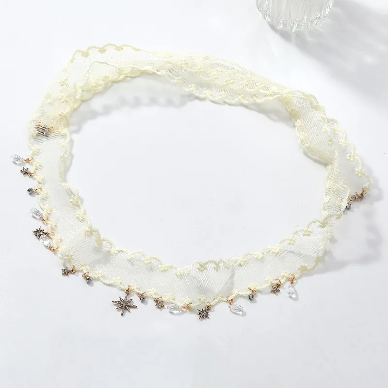 Vintage White Lace Choker Necklace Octagonal Star Water Droplet Pendant Gemstones Wide Ruffled Collar Jewelry Gift For Women