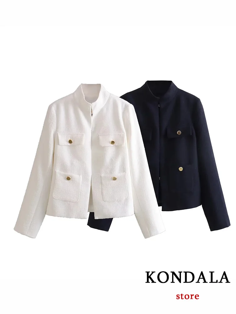 KONDALA Vintage Office Lady Chic Blazer Solid Stand Collar Pockets Long Sleeve Straight Blazer New Fashion 2023 Autumn Jackets