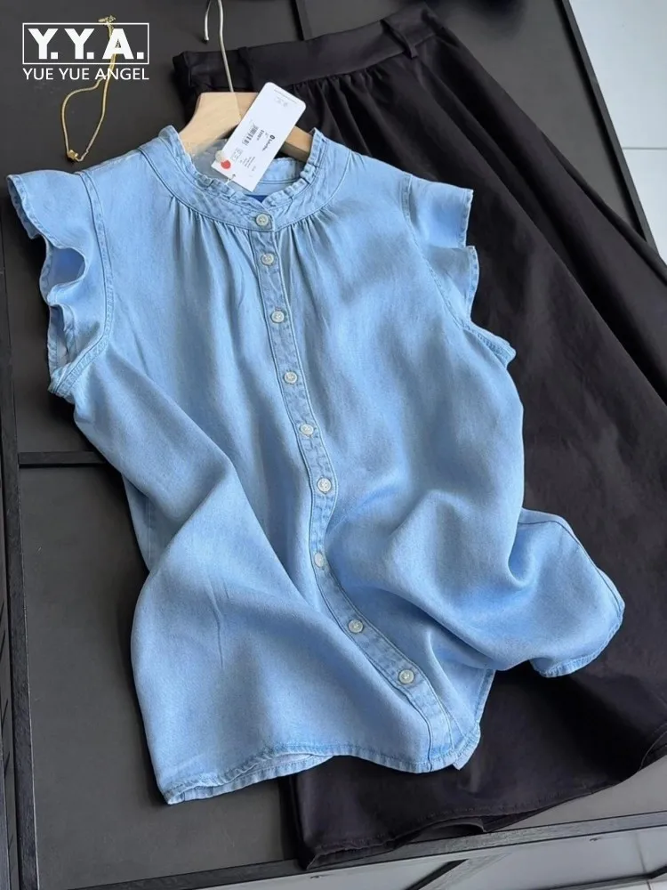 

Women New Summer Fashion Flying Sleeve Casual Shirt Single Breasted O Neck Loose Fit Office Ladies Fashion Blue Blouses Tops