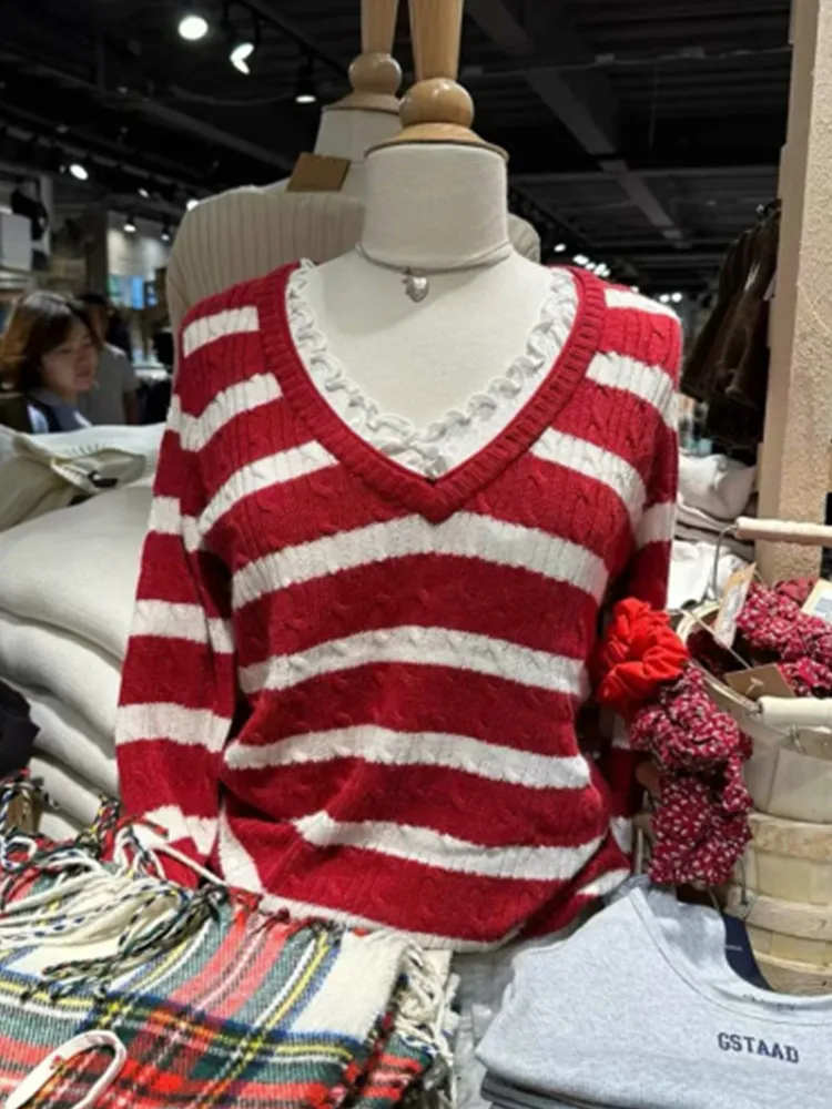 Casual Women Red Striped Knit Sweaters 2023 Fall Retro V Neck Long Sleeves Pullovers Female Loose Knitwears