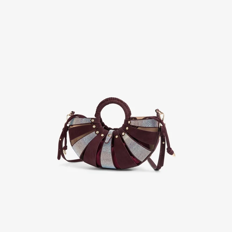 Fan Shaped Diamond Inlaid Handbag Women's Woven Circular Shoulder Crossbody Bag Versatile Hollow Out Evening Bag