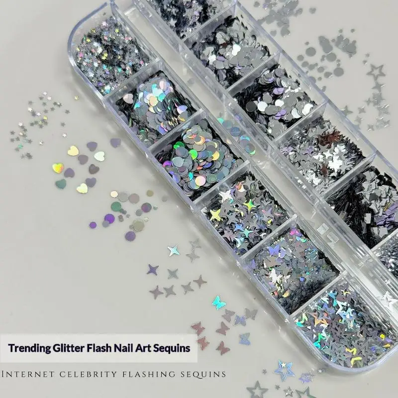 12 Grids Glitter Nail Art Charms Set Mixed Sequin Butterfly Star Heart Powder Decor For DIY Manicure Sticker Accessory Kit