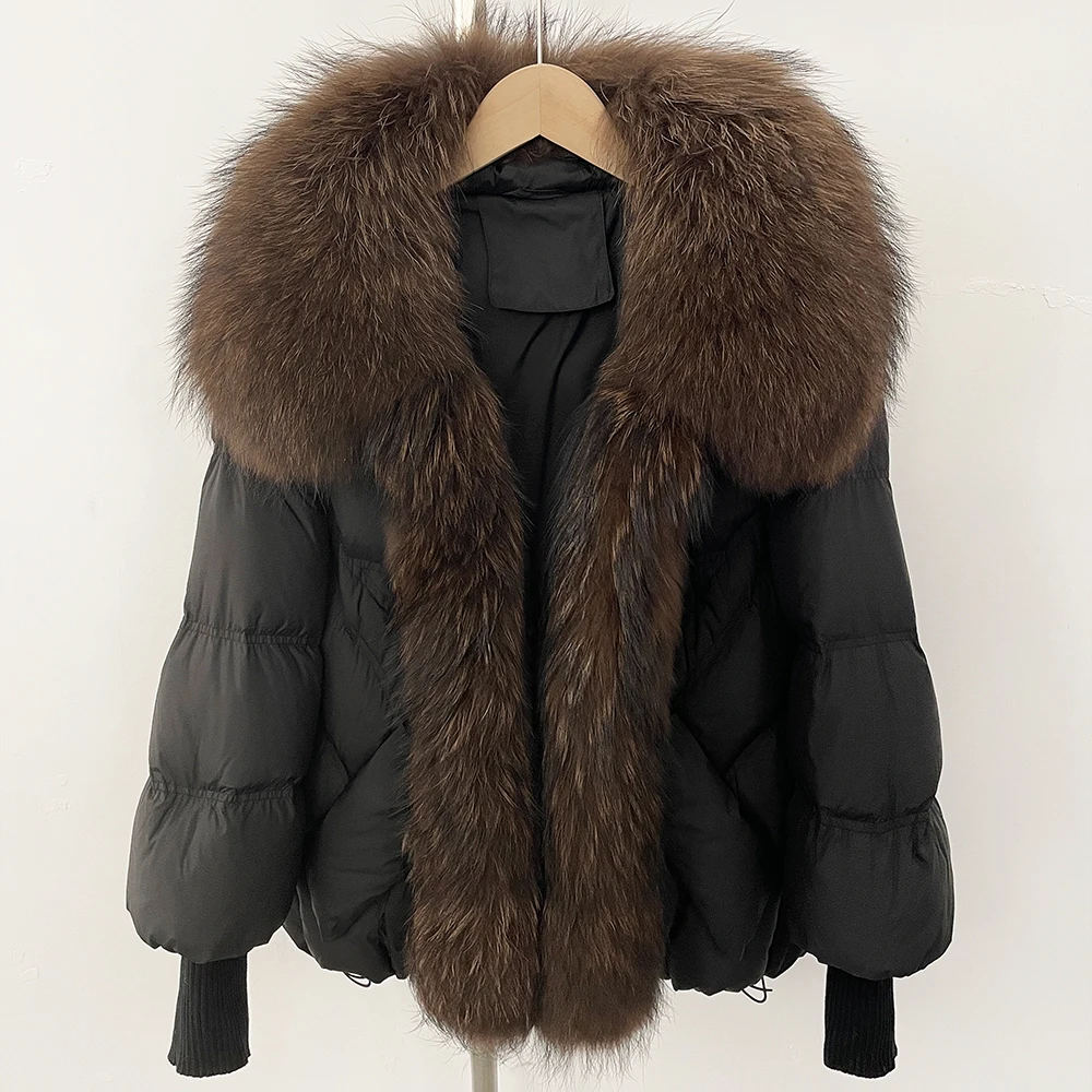 Daunenjacke Winter Großer echter Waschbärpelz Strickärmel Warmer echter Pelzmantel Pufferjacke Damen Dicker weißer Entendaunenmantel Übergröße