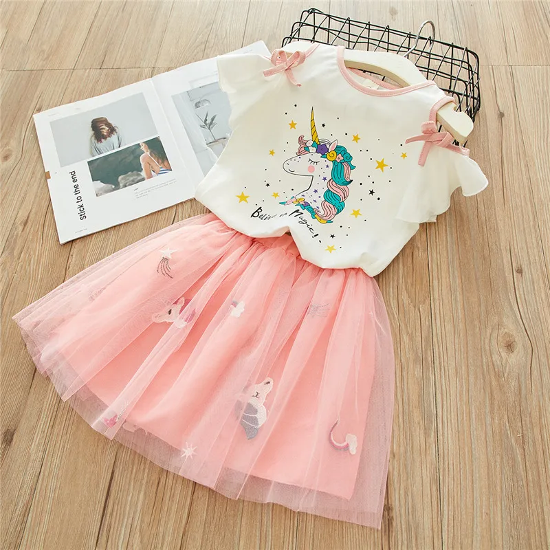 Girls Suit Cartoon off-the-ShoulderTT-shirt plus Skirt25Summer New Foreign Trade Children's Wear Delivery3-8Years Old