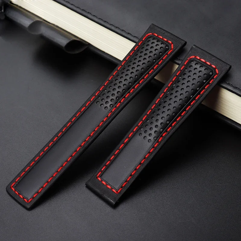 Cow Leather Watch Strap 22mm Watchband For tag Heuer Fiyta Tissot Watch Band Red Stitches Genuine Leather Bracelet High Quality