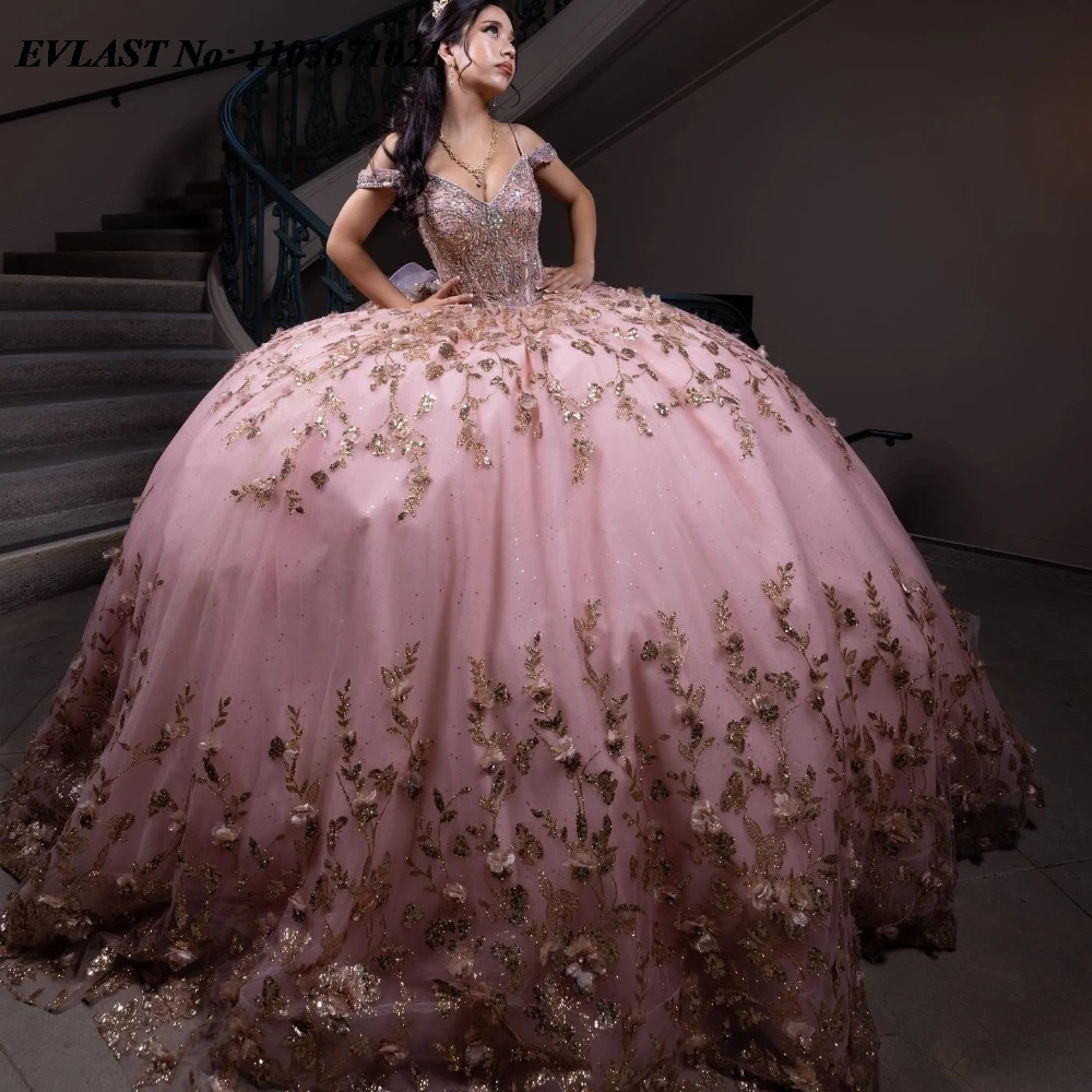 EVLAST ที่กําหนดเองสีชมพู Sequins Quinceanera Ball Gown ทองลูกไม้ Applique ประดับด้วยลูกปัดเม็กซิโกหวาน 16 Vestidos De 15 Anos SQ772