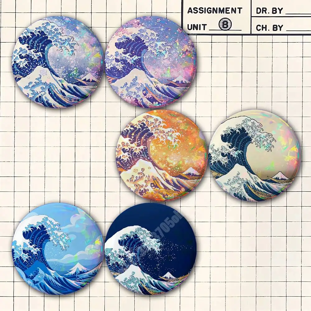 The Great Wave Off Kanagawa Button Badge 2PC Sets for Bags & Clothes & Accessories Metal Pin Vibrant Collection