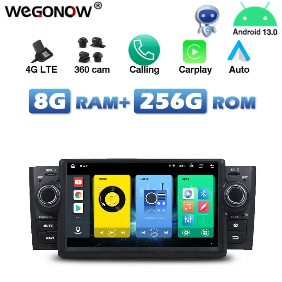 

4G SIM Carplay Auto Android 13.0 8G + 256G Автомобильный DVD-плеер IPS GPS карта RDS Радио Wi-Fi DSP Bluetooth Для Fiat Punto LINEA 2007-2013