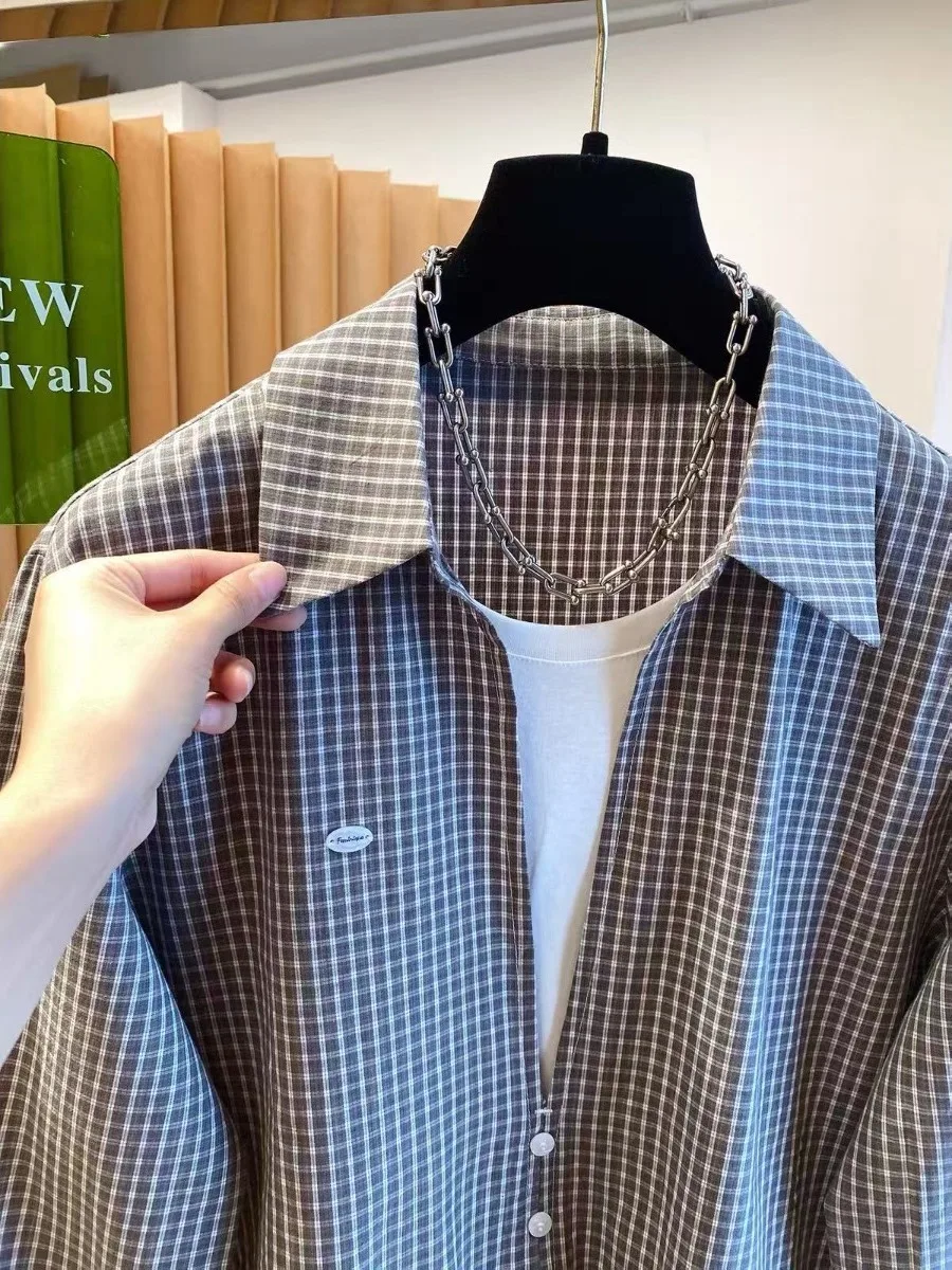 Brand New Korean Style Plaid Shirt Layered Look Fake Two-Piece Cotton Long Sleeve Women's Loose Fit Breathable Comfortable 4