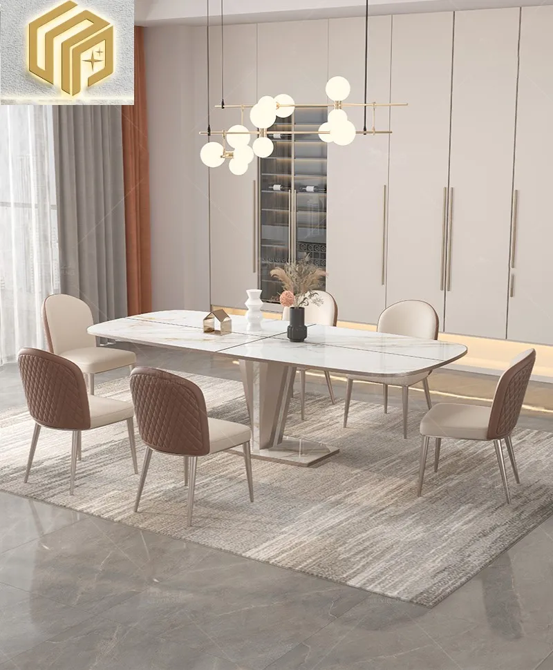

Luxury rock plate table chair combination rectangular modern high-end designer marble dining table