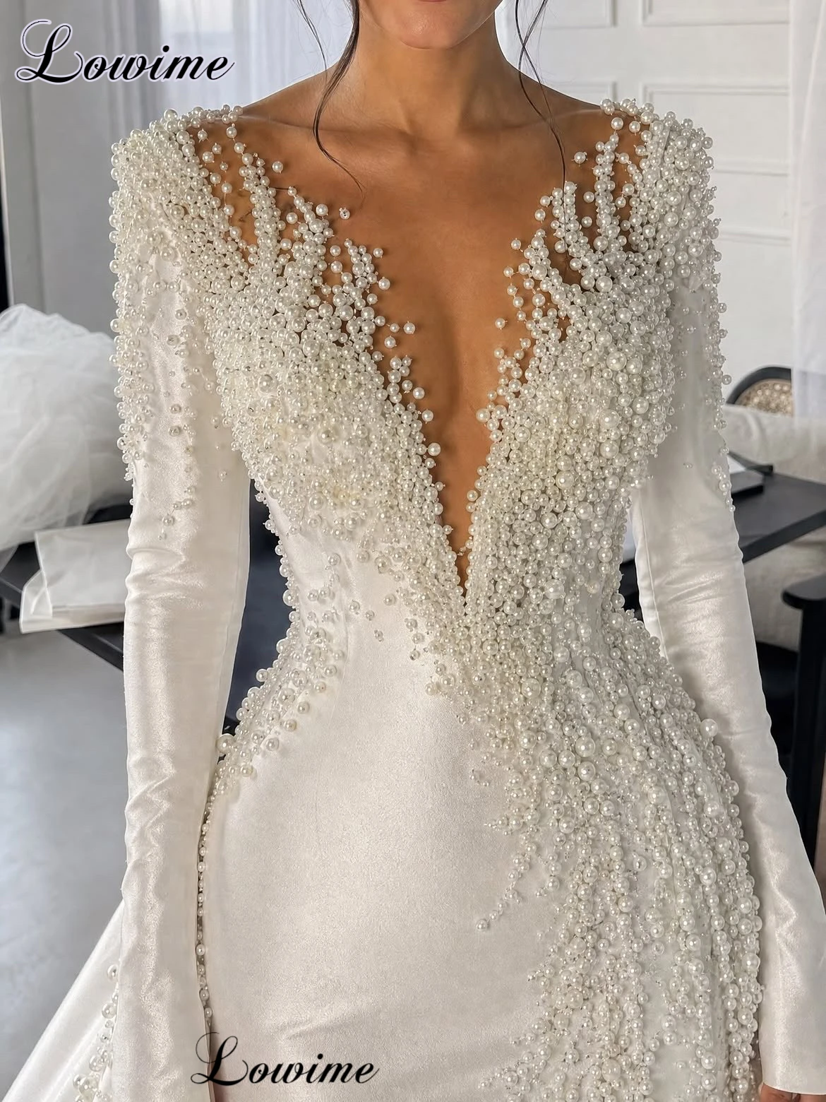 Luxury Two Pieces Satin Wedding Dresses With Hand Sewing Pearls Long Sleeves Wedding Gowns Elegant Vestidos De Novia Customized