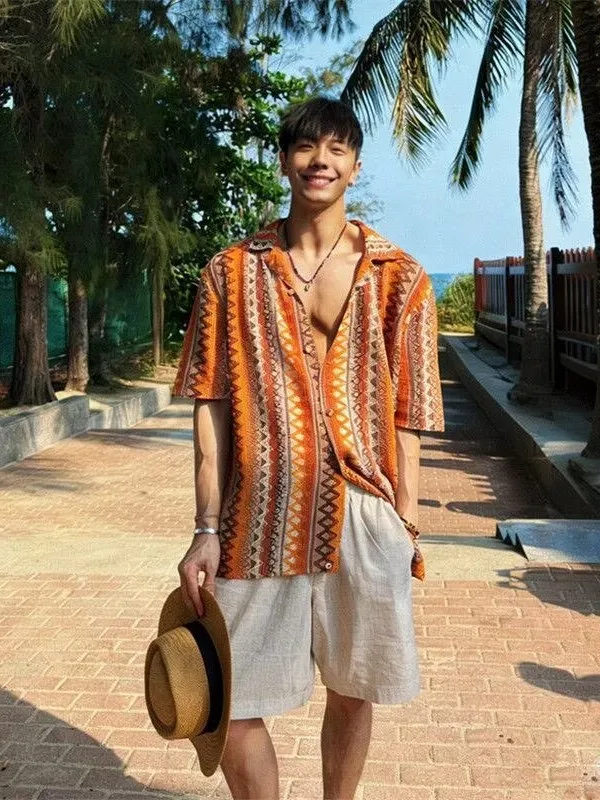 

Retro Ethnic Style Hollow out Short Sleeve Men's Shirt Summer Hawaii Travel Outfit Stand out Cardigan Top Breathable Lightwei...