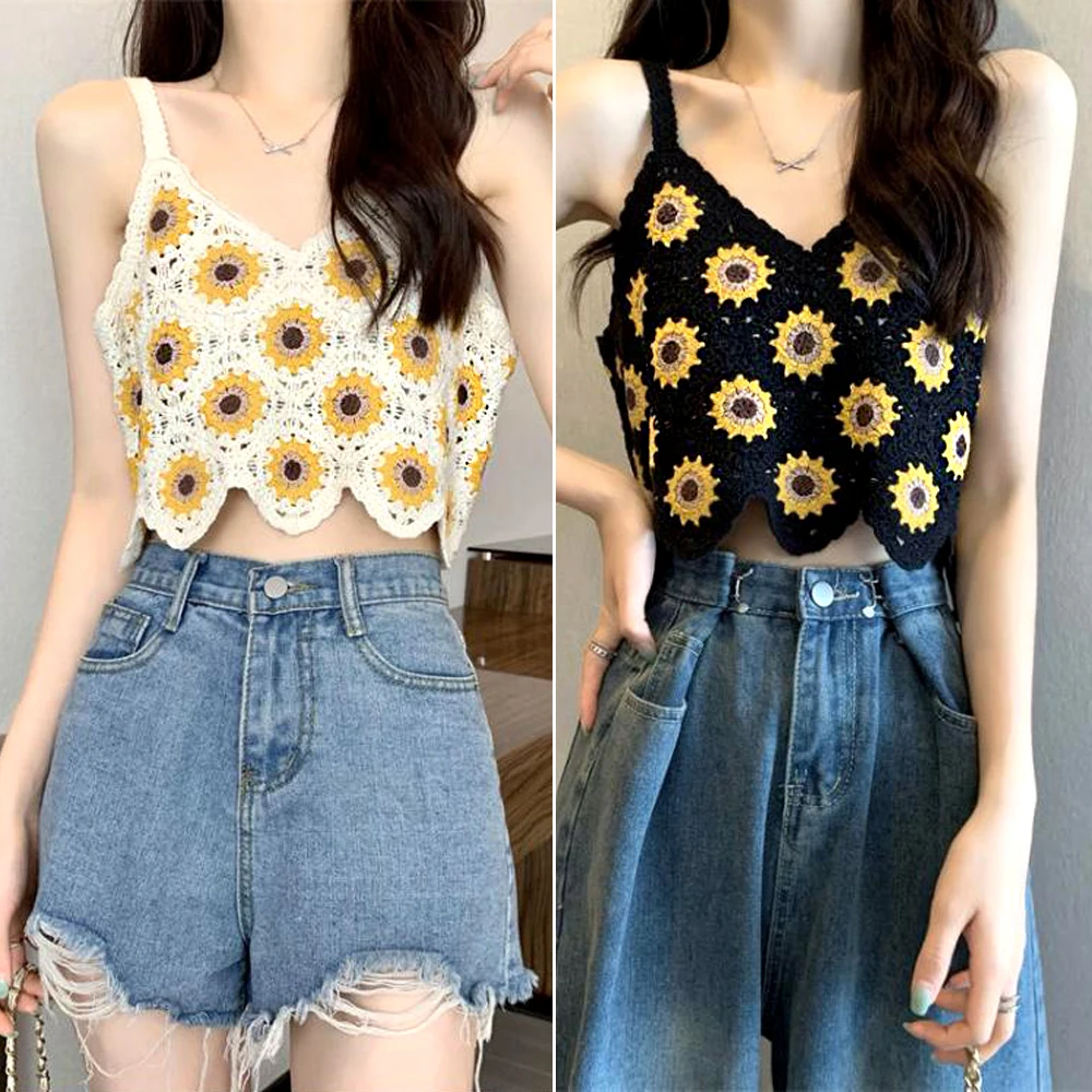 Rin Confa Summer Style Hook Flower Sunflower Craft Knitting Top Women Short Hollow Out Top  Bohemia Sand Beach  Sling Vest