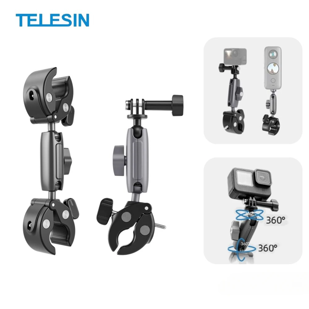 TELESIN Motorcycle Bicycle Holder Handlebar Mount Bracket for Go Pro Hero 13 12 11 10 9 8 7 MAX DJI Action 5 4 3 Insta360 X4 X3