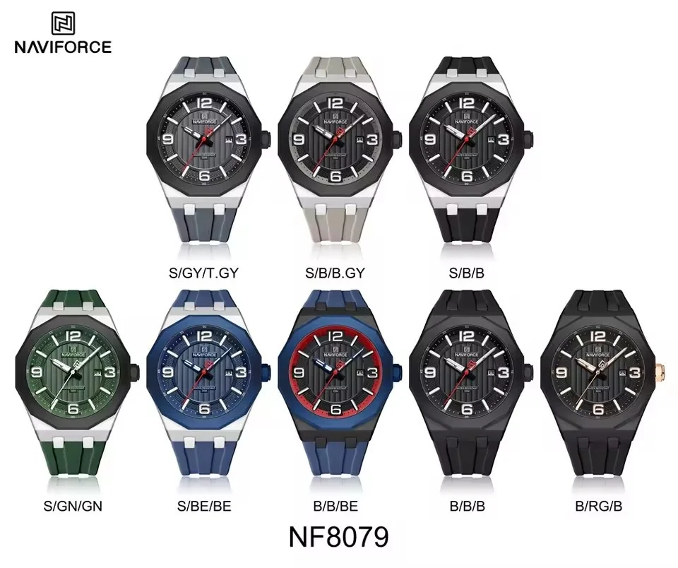 NAVIFORCE 8079 Fashion Men's Quartz Watch Waterproof Night Light Calendar Silicone Strap Men's Casual Watch relógios masculino