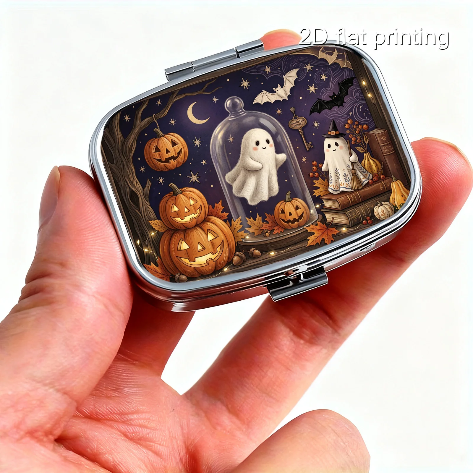 1Pc, Flat Printing, Portable Mini Double-Compartment Pill Box, Halloween Cute Ghost Pumpkin Lantern Starry Night Scene Print, Travel Medicine Storage Box, Sealed and Moisture-Proof, Capsule Vitamin Storage Box, Portable Small Pill Box