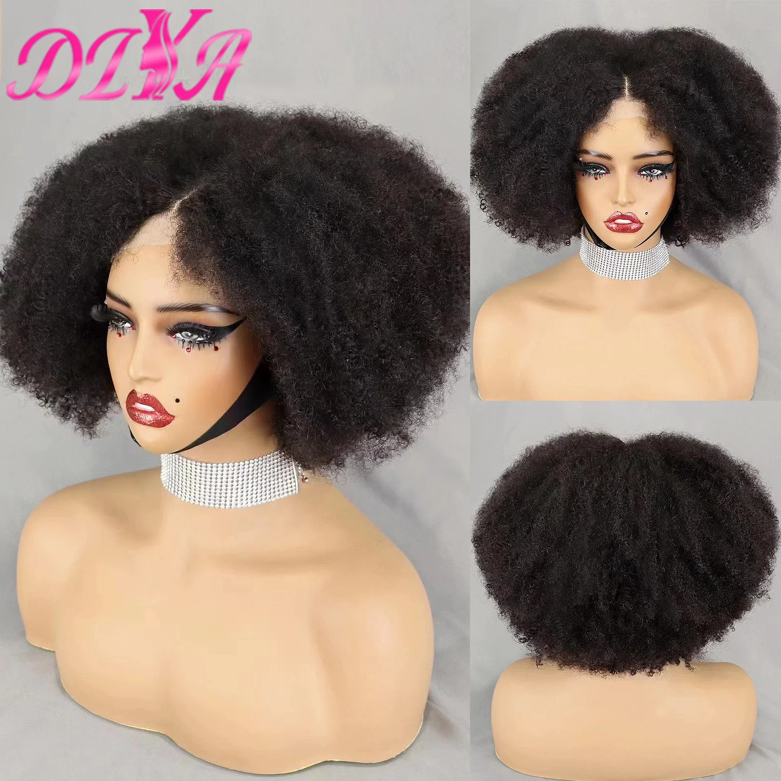 

Natural Black 4x4 Lace Closure 300% Density Afro Kinky Bob Human Hair Wigs for African Balck Women 12 14 16 Inches Short Bob Wig