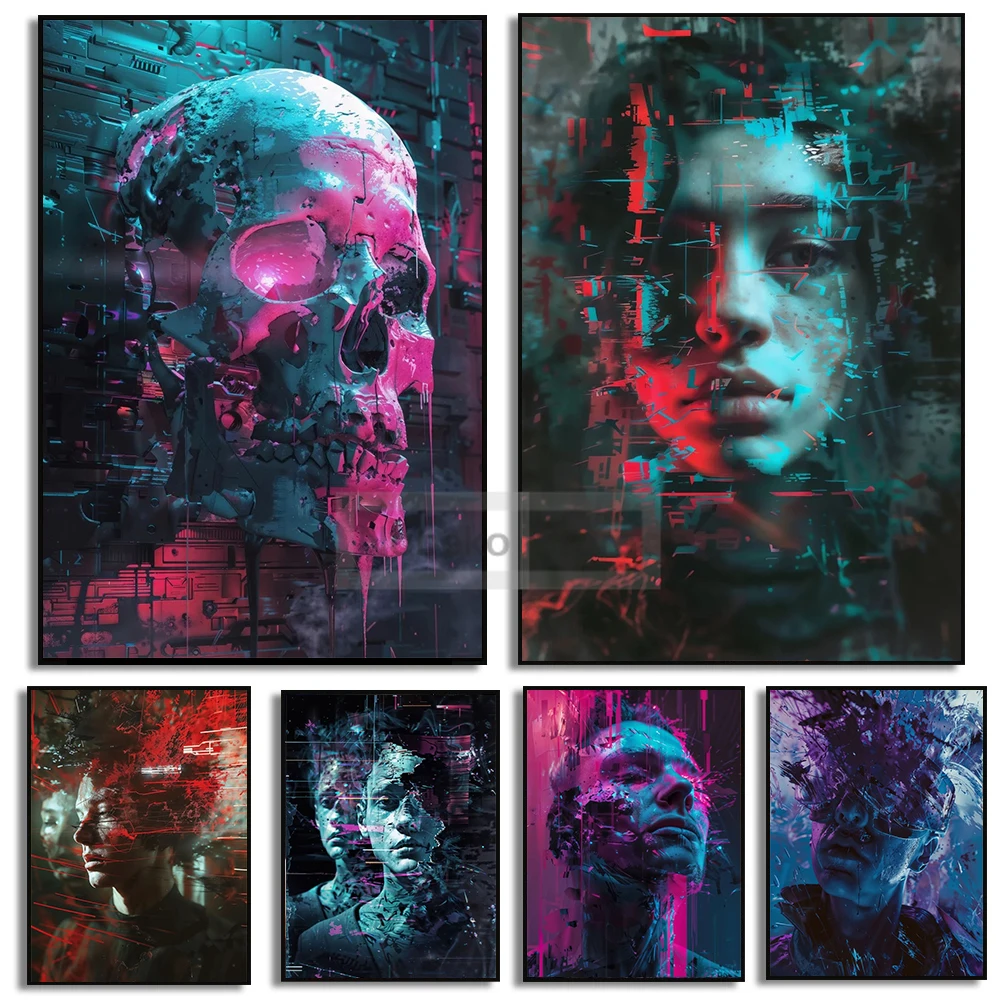 Sci-fi Cyber Style Posters AI Glitch Art Portrait Surreal Virtual World Prints Canvas Wall Pictures Home Room Modern Decoration