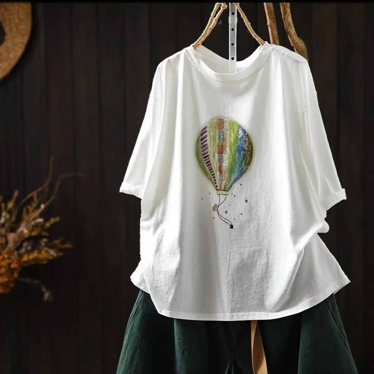 Women Summer New Sweet Mori Girl Cartoon Balloon Print Cotton T-Shirts O-Neck Short Sleeve Casual Loose Pullover Tee Shirt Tops