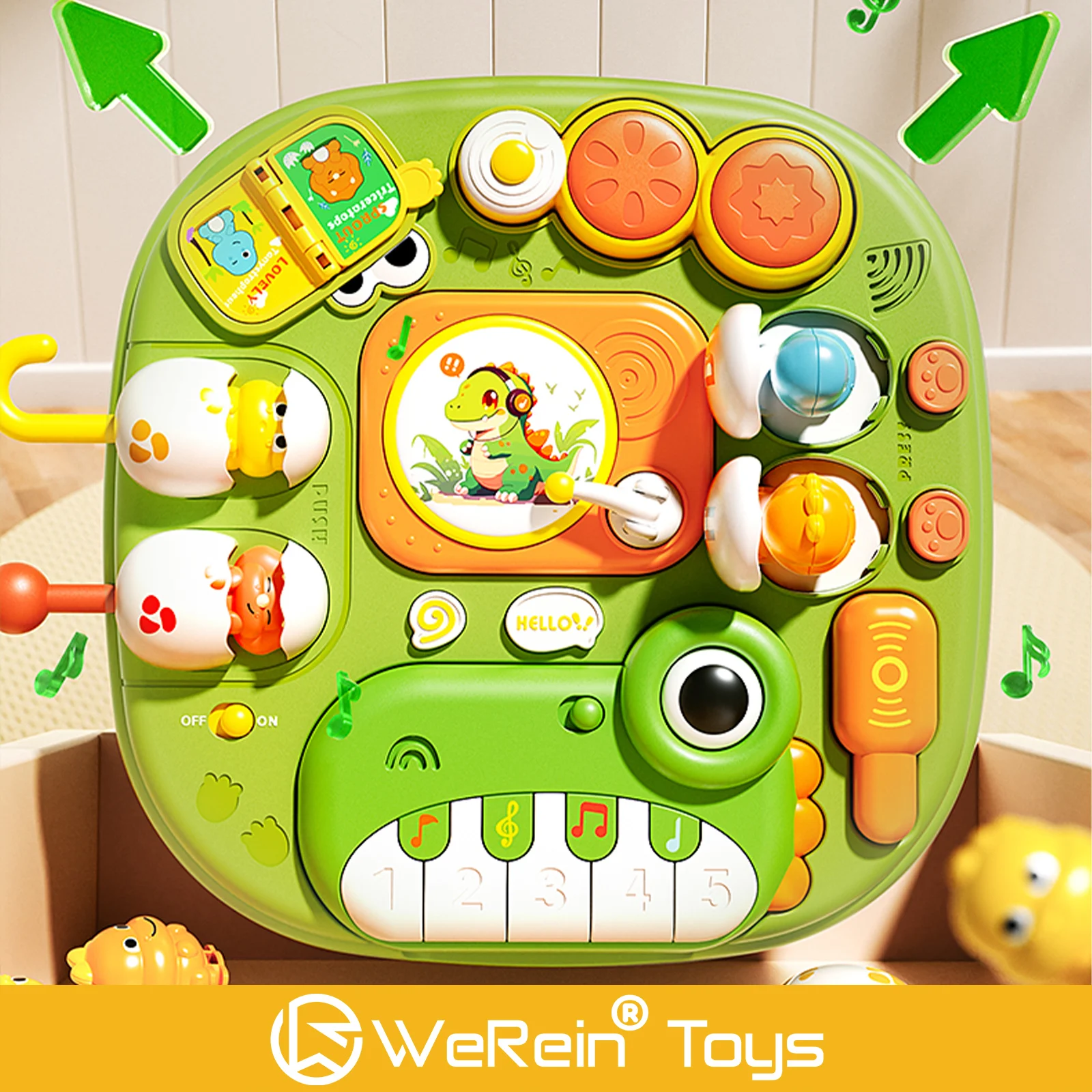 Boîte occupée sur le thème des dinosaures pour nourrissons et tout-petits, avec mécanisme de cache-cache musical, jouet éducatif pour plusieurs voies de jeux