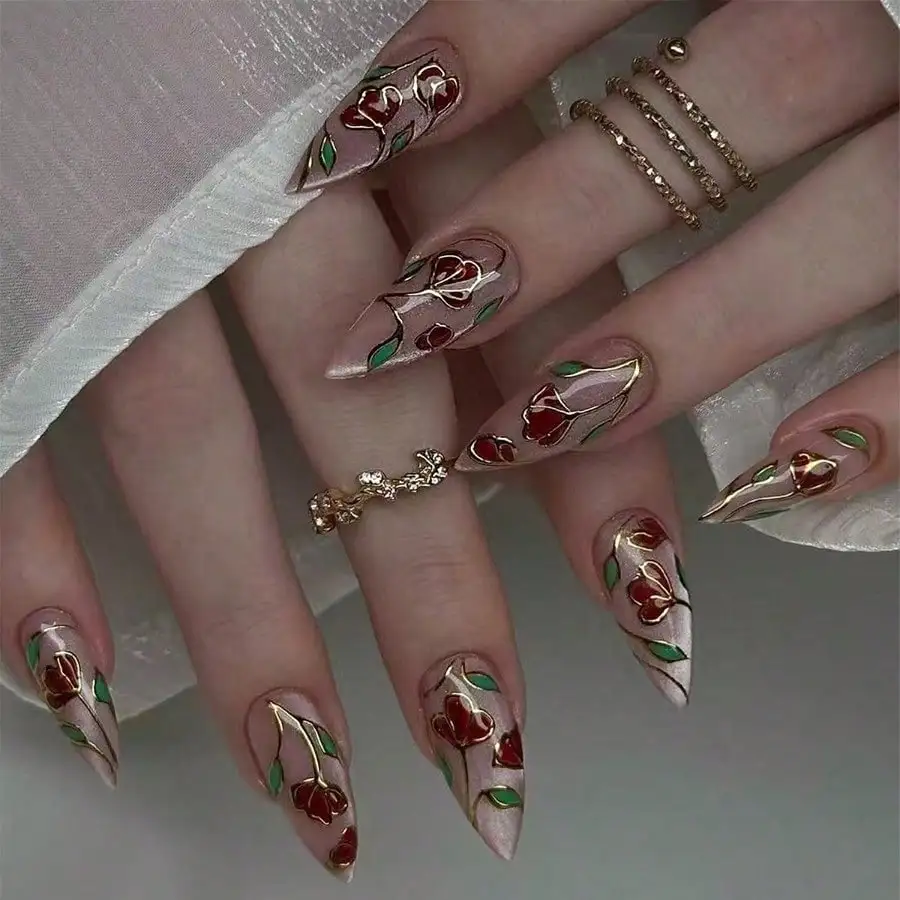 

24 шт. накладных ногтей с принтом миндаля и роз, европейский стиль, клей-желе и пилочка для ногтей, бесплатная доставка