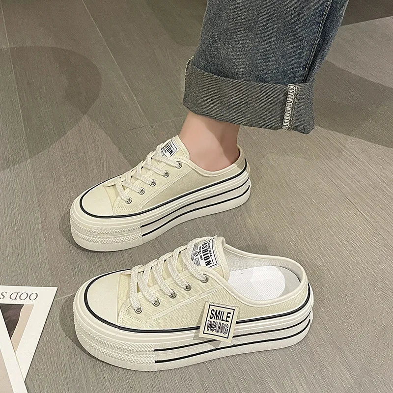 Canvas Half Slippers Female Summer Wear 2024 New Baotou Thick Sole Increase Without Heel Lazy People with Small White Shoes