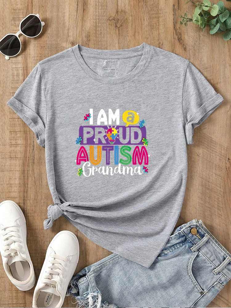 I m A Proud Autism Grandma Butterflies Autism Awareness T-shirt Tee Tops Printed O-neck Casual T-shirt Women\'s Clothing