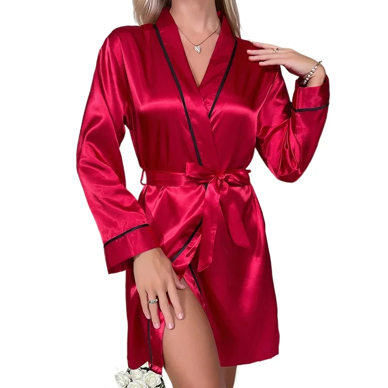 Ice Silk Pajamas Women's Bathroom Lace Up Bathrobe Summer Breathable Thin Fashion Imitation Silk Casual Long Sleeved Pajamas