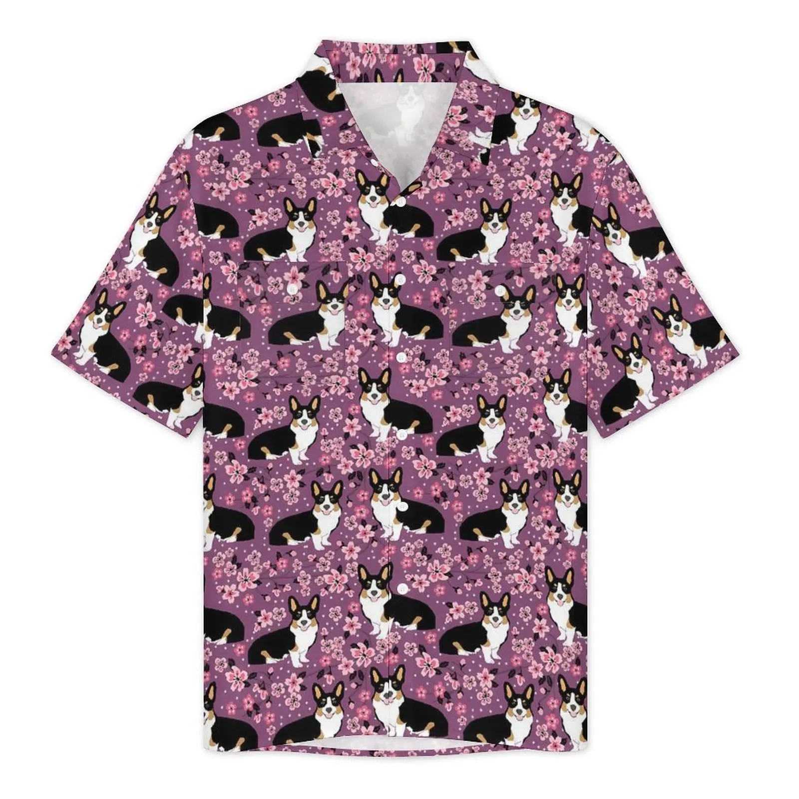 Tricolored Corgi Casual Shirt Cherry Blossom Elegant Hawaiian Shirts Man Short Sleeve Beach Fashion Graphic Oversized Blouses