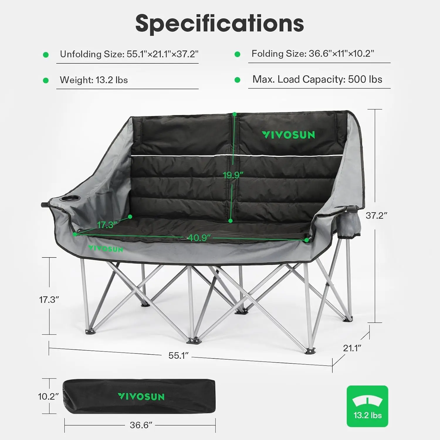 Double Camping Chair, Fully Padded Folding Loveseat, Oversized Duo Chair with Cup & Wine Glass Holders, Pocket, Armrests