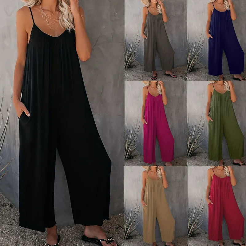 

Summer Women's Clothing Casual Solid Color Sleeveless Jumpsuit For Woman Loose Waist Thin Milk Silk Long Wide Leg Trousers
