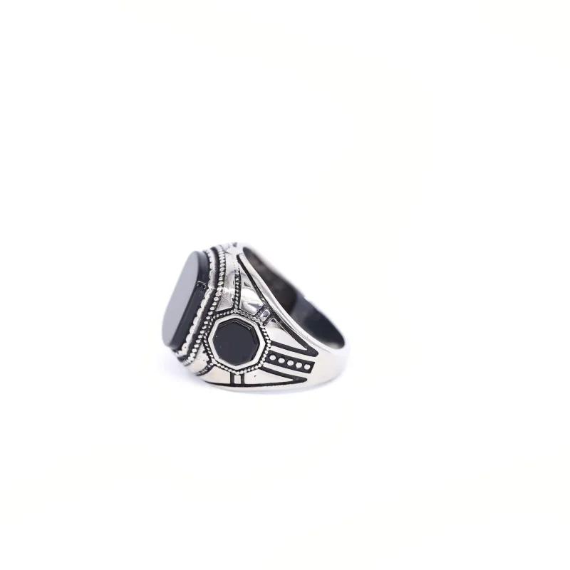 Vintage Stainless Steel Obsidian Ring Simplicity Geometric Black Obsidian Muslim Rings Arab Anniversary Party Jewelry