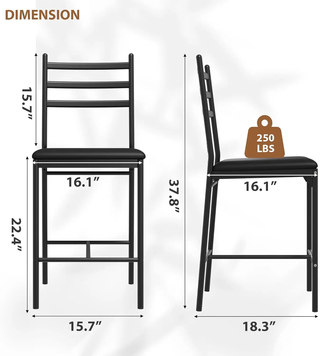 Set of 2 Modern Bar Stools 22" Counter Height - Back & Thick 3" Cushion, Footrest & Seat for Kitchen Island, Water-Resistant