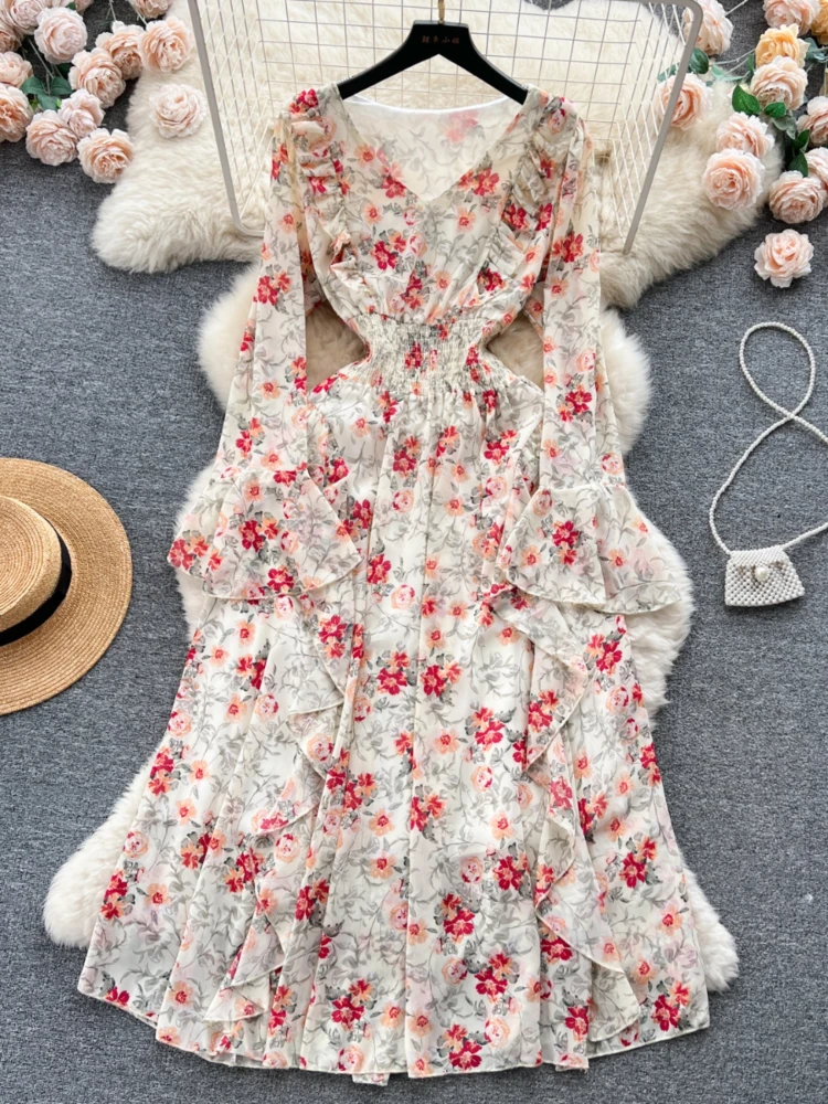 Vestido Floral de manga larga para mujer, traje de gasa con borde de loto, ajustado, para vacaciones, primavera y otoño, novedad de 2024